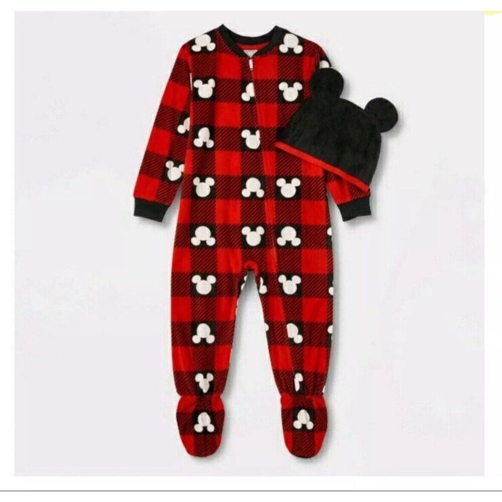 Disney Mickey Mouse Matching Family Pajamas Size 2T Red Plaid Cozy PJs & Hat NEW